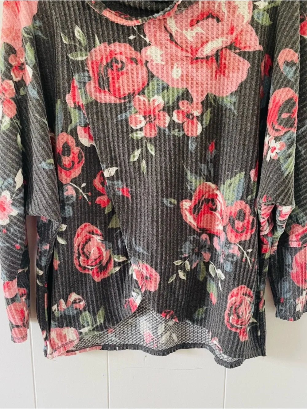 LuLaRoe Charcoal Sweater with Pink Rose Print